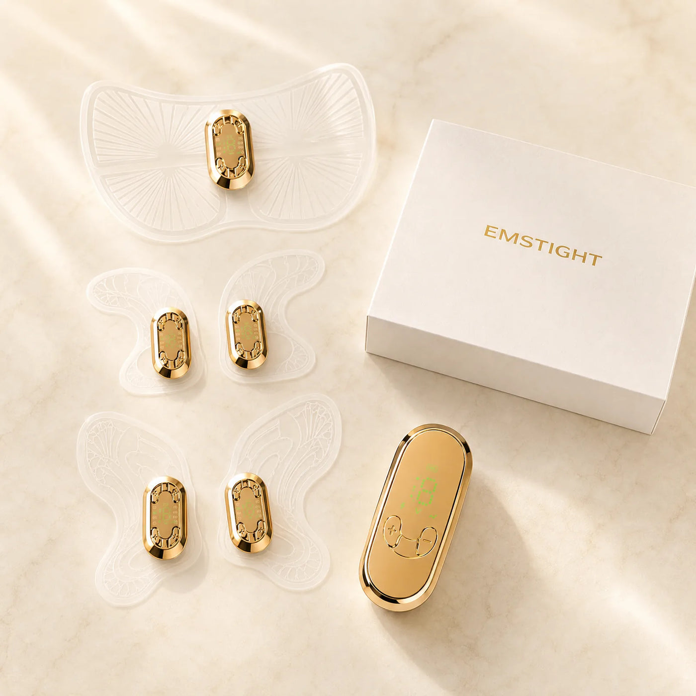 EMSTIGHT EMS Microcurrent Eye, Cheek and Forehead Patches with gold remote and presentation box