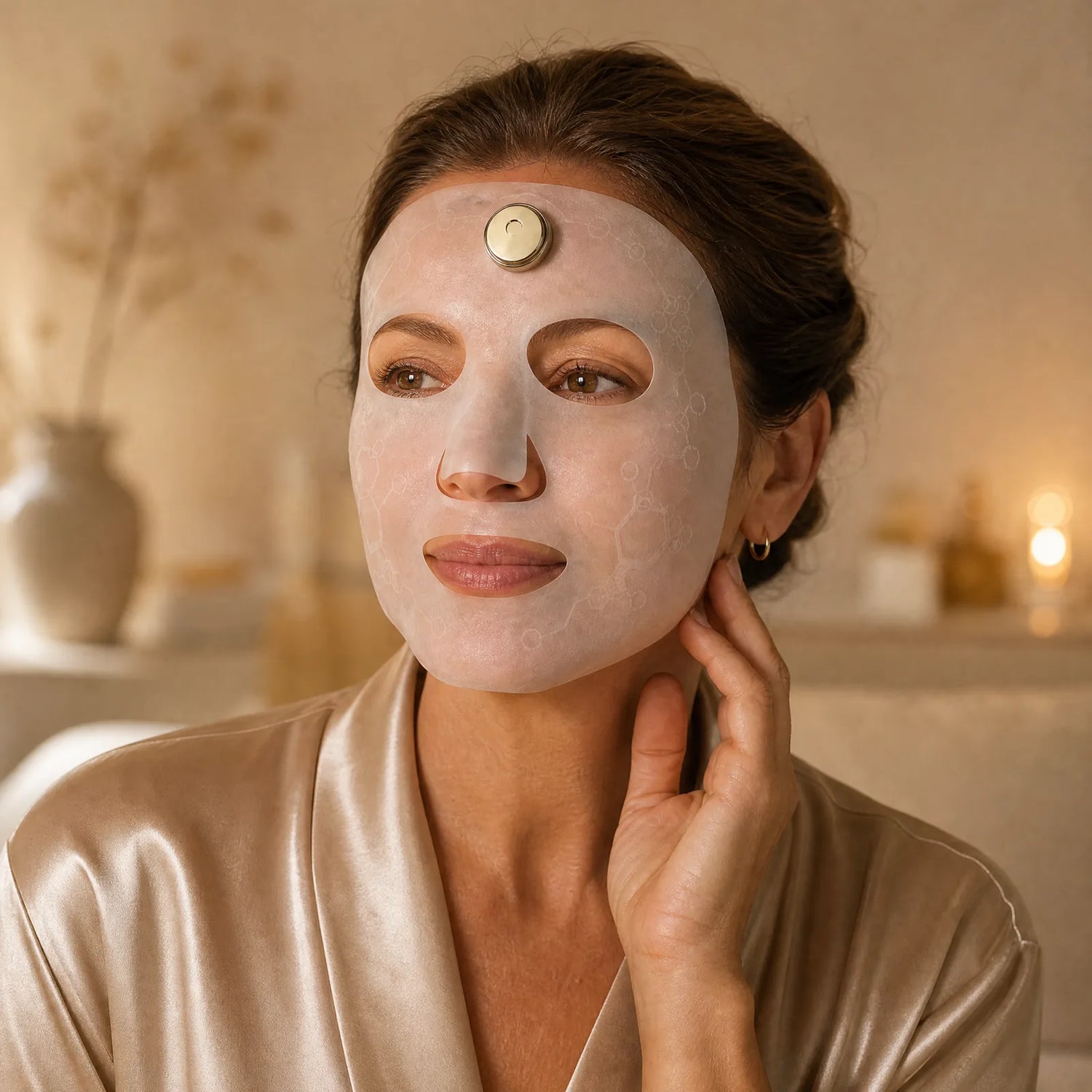 Woman wearing the EMSTIGHT EMS Microcurrent Face Mask during an at-home beauty routine