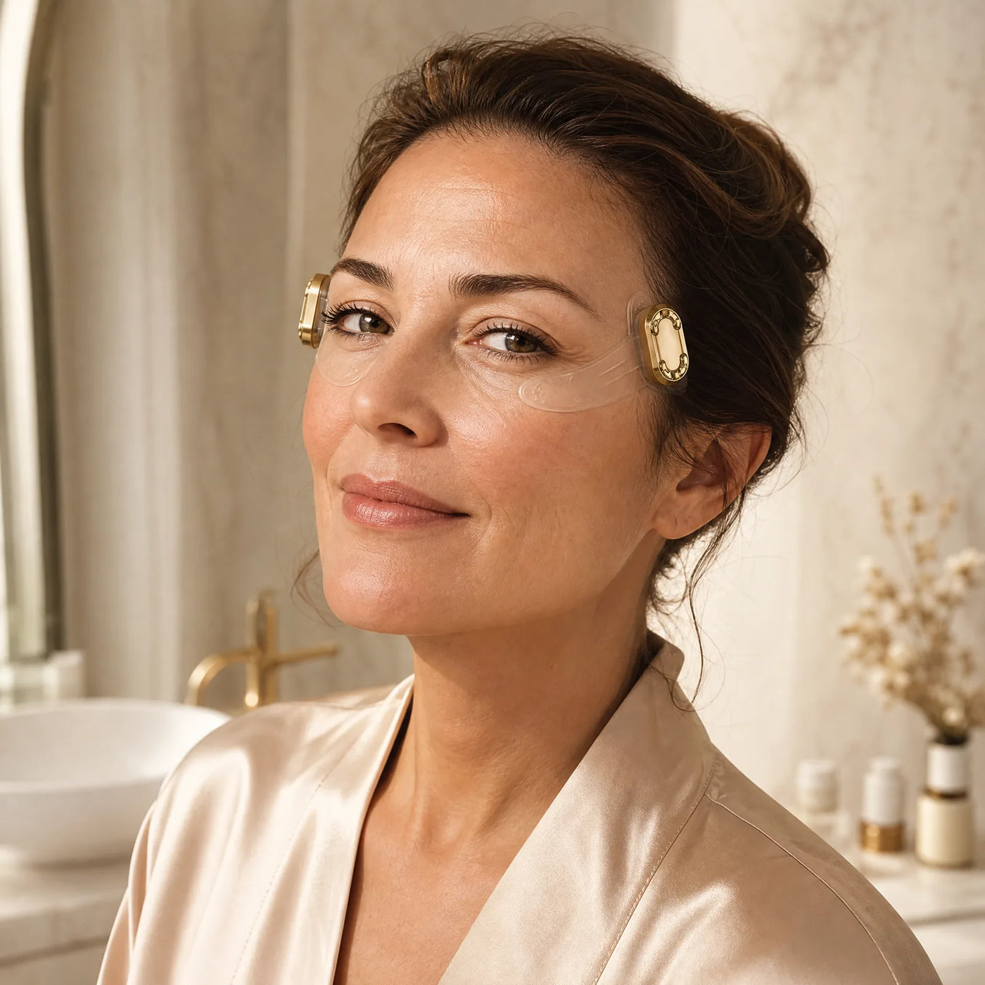Woman wearing EMSTIGHT EMS Microcurrent Eye Patches during an at-home skincare routine