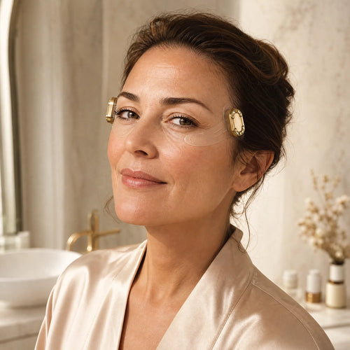 Woman wearing EMSTIGHT EMS Microcurrent Eye Patches during an at-home skincare routine