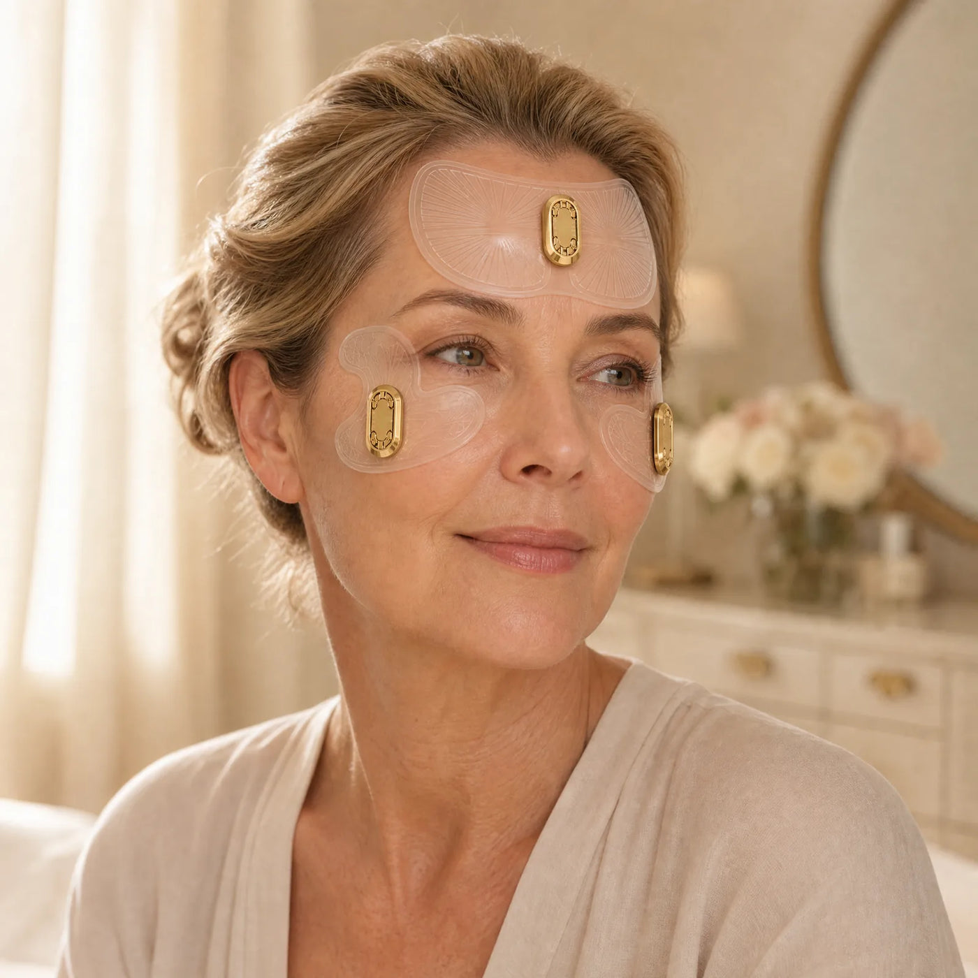 Woman wearing EMSTIGHT upper-face microcurrent patches across forehead and cheeks