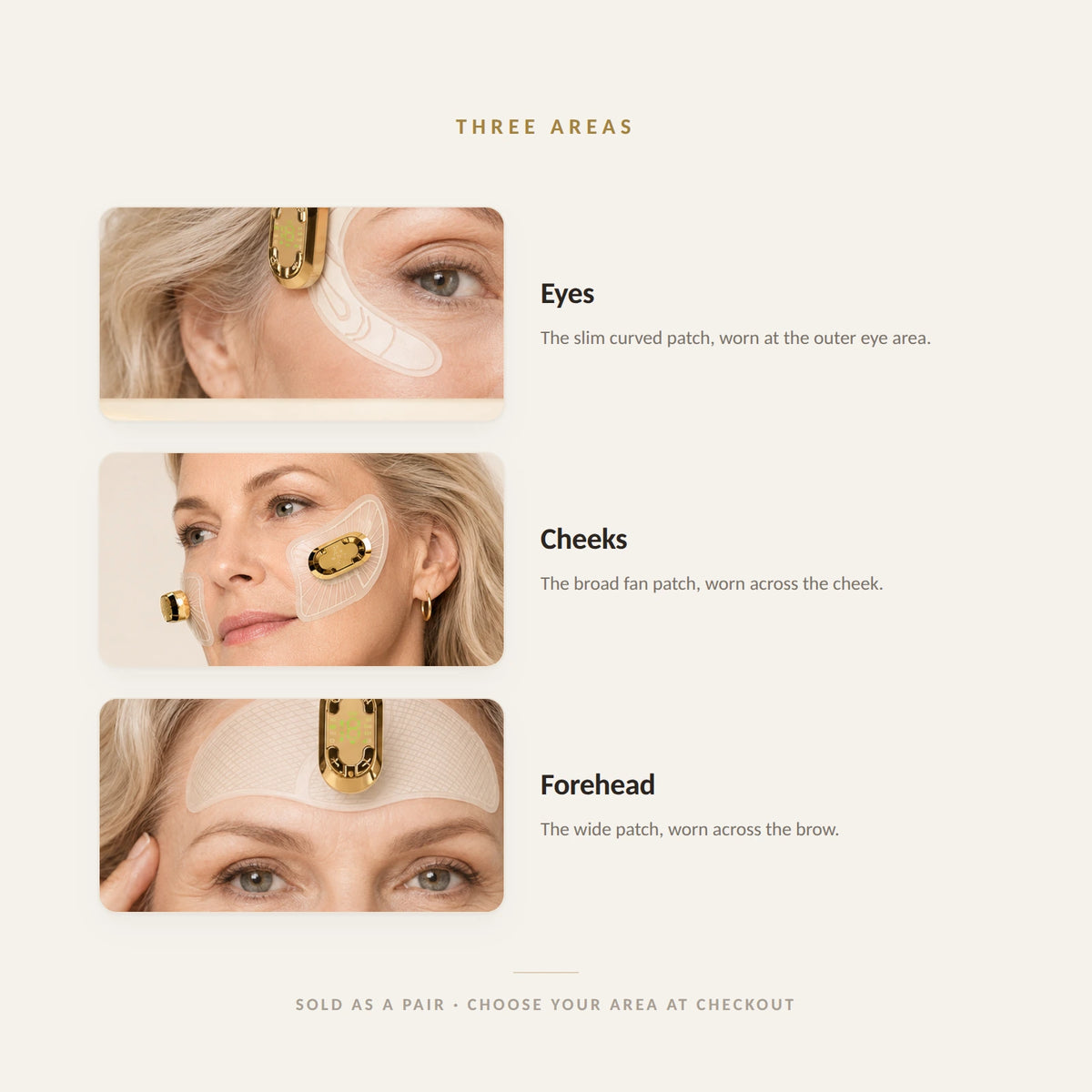 The three EMSTIGHT patch areas: the slim curved eye patch worn at the outer eye, the broad fan-shaped patch worn across the cheek, and the wide patch worn across the brow