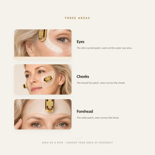 The three EMSTIGHT patch areas: the slim curved eye patch worn at the outer eye, the broad fan-shaped patch worn across the cheek, and the wide patch worn across the brow