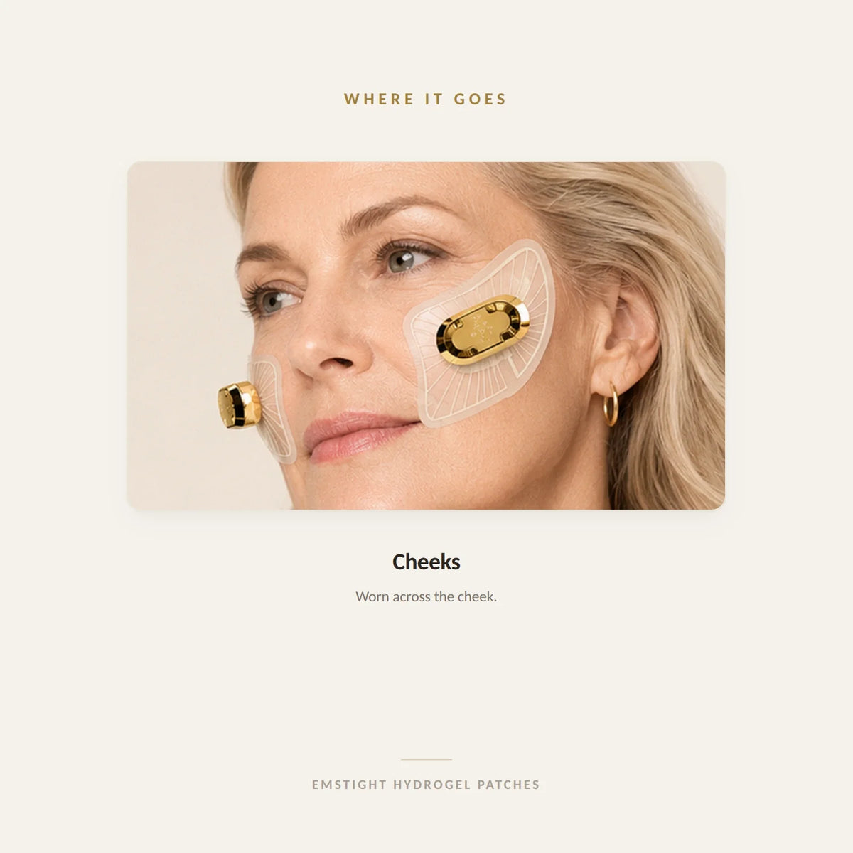 Where the EMSTIGHT cheek patch is worn — the broad fan-shaped hydrogel patch placed across the cheek and jaw