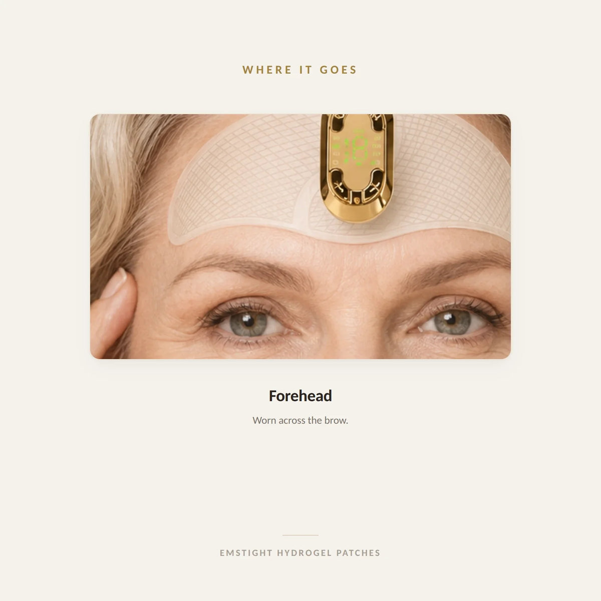 Where the EMSTIGHT forehead patch is worn — the single wide hydrogel patch placed across the brow