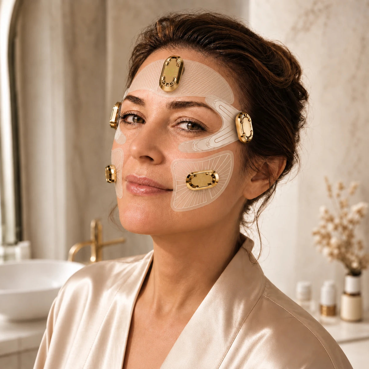 Woman in a silk robe wearing the EMSTIGHT EMS Eye, Cheek and Forehead Patches across the upper face
