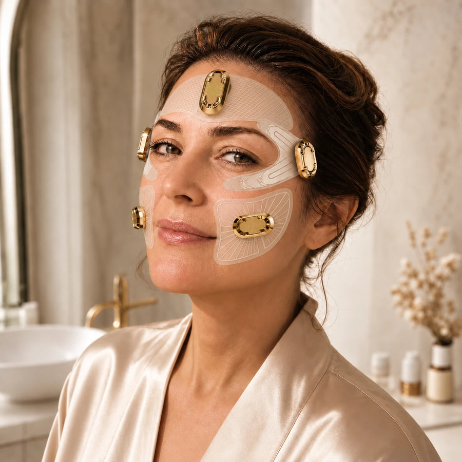 Woman in a silk robe wearing the EMSTIGHT EMS Eye, Cheek and Forehead Patches across the upper face