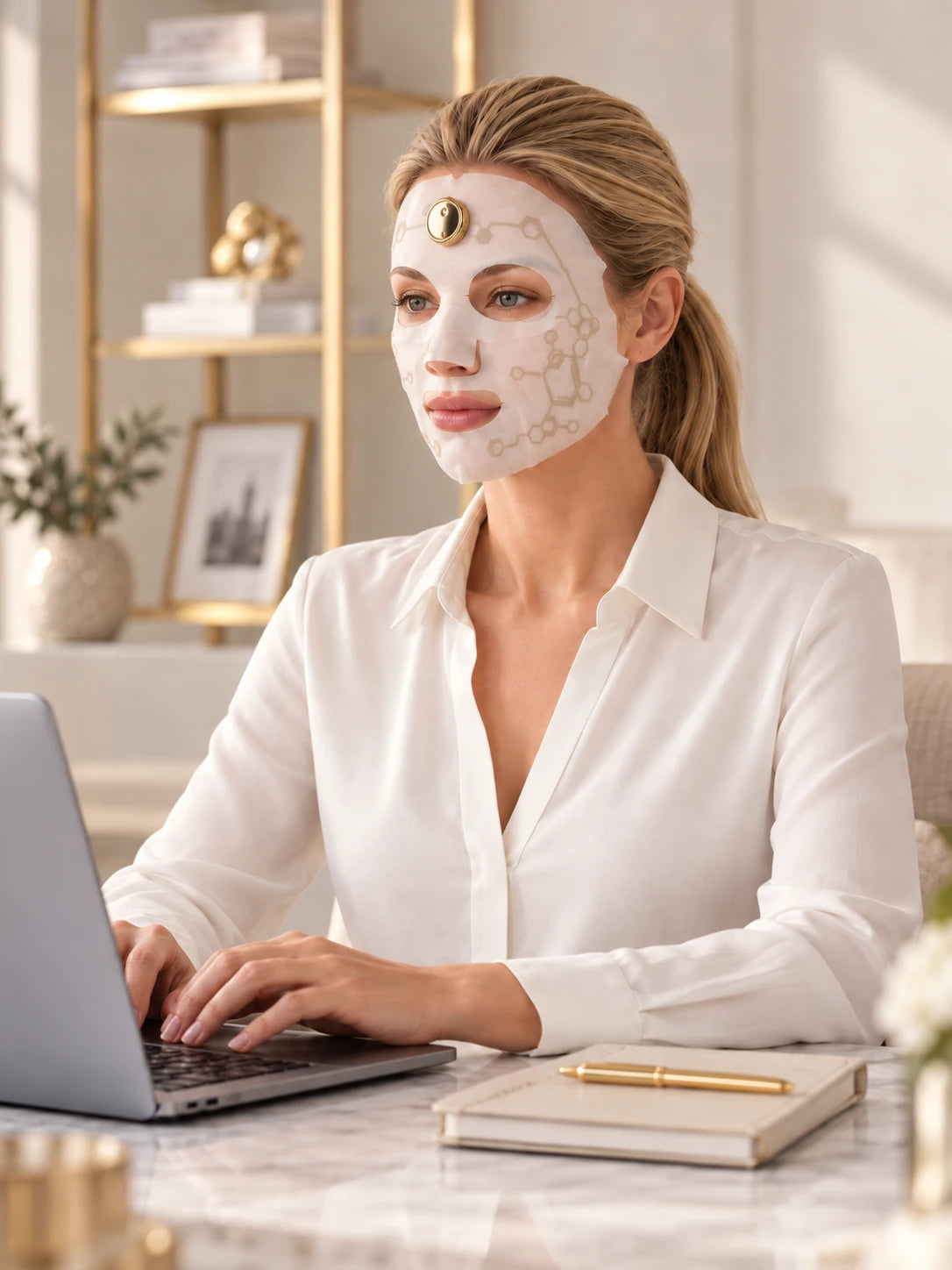 Woman wearing the EMSTIGHT Face Mask with its round gold host while working at a laptop
